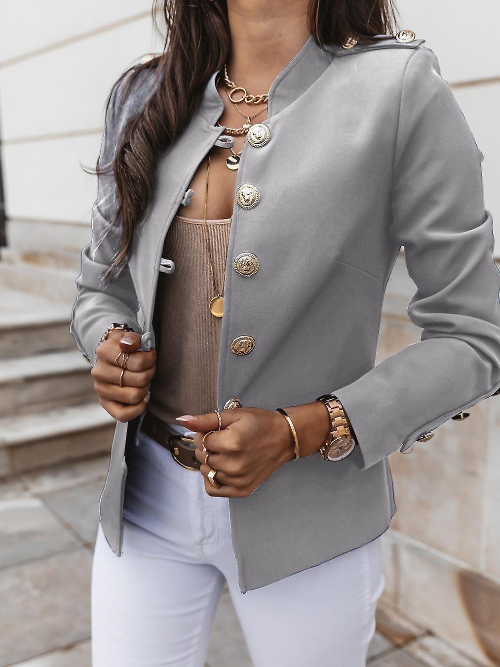 Barsinfi Women Casual Buttons Black Blazer Spring Female Long Sleeve Slim Fashion Blazers Femme Gray Ol Office Coat Dropshipping Clothes M