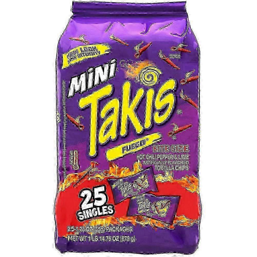 Takis Mini Fuego Rolled Tortilla Chips Bag, Single Packs, Hot Chili Pepper And Lime, 25 Ea