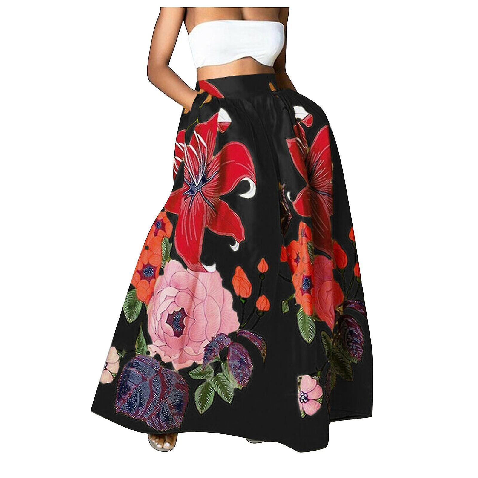 Cytlv Women's Bohemian Print Skirt High Waist Party Beach Pocket Long Floor Length Black L