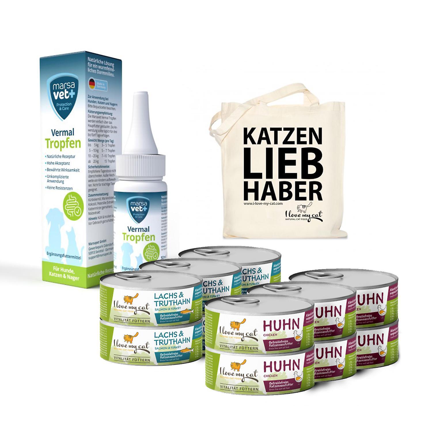 I love my cat Food kit for cats with Giardia - 6 cans of wet food with salmon and turkey + 6 cans of wet food with chicken + Marsavet Vermal drops ...