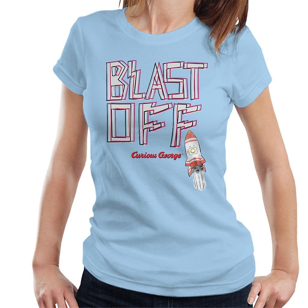 Curious George Blast Off Rocket Women's T-Shirt Sky Blue Large