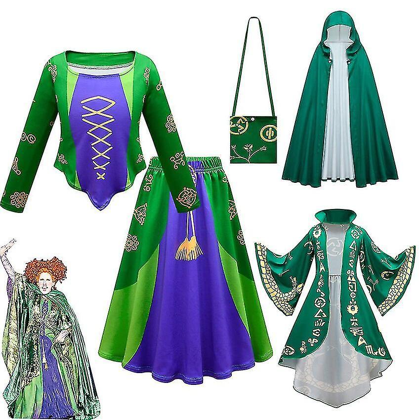 Szlcv Winifred Sanderson Girl Dress Cloak Halloween Costume Kids Skirts Haori Witch Cosplay Anime Carnival Coat Fantasia 5pcs 130 (for 120-130cm)