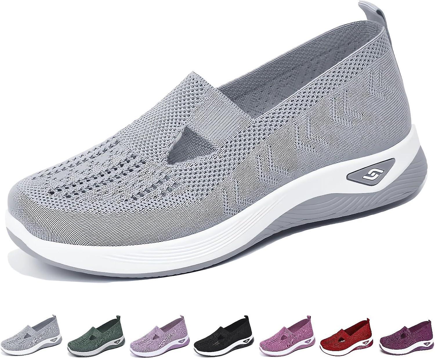 Women's Woven Orthopedic Breathable Soft Shoes Go Walking Slip on Diabetic Foam Shoes Hands Free Slip in Sneakers Arch Support (SJJYV) Grey 40