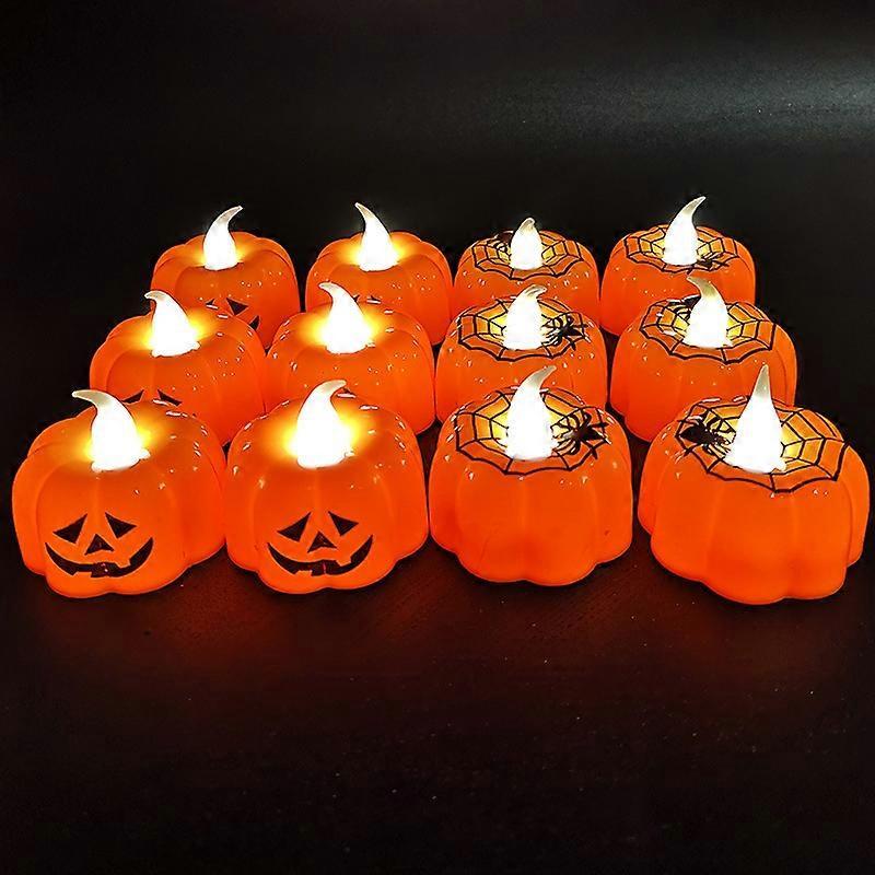 Phwj Pumpkin Halloween Candle, 12 Pcs Battery Operated Tealights Pumpkin Candles, LED Pumpkin Tealight Candle LED Flameless Clear Flickering Electr..