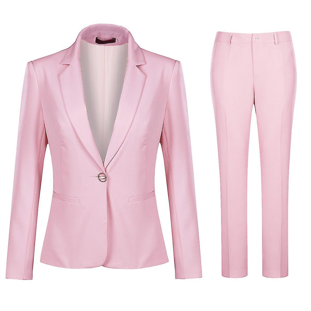 Yynuda Womens 2-piece Office Lady Slim Waist Suit Solid Color 1 Button Business Casual Dress (blazer + Pants) Pink S