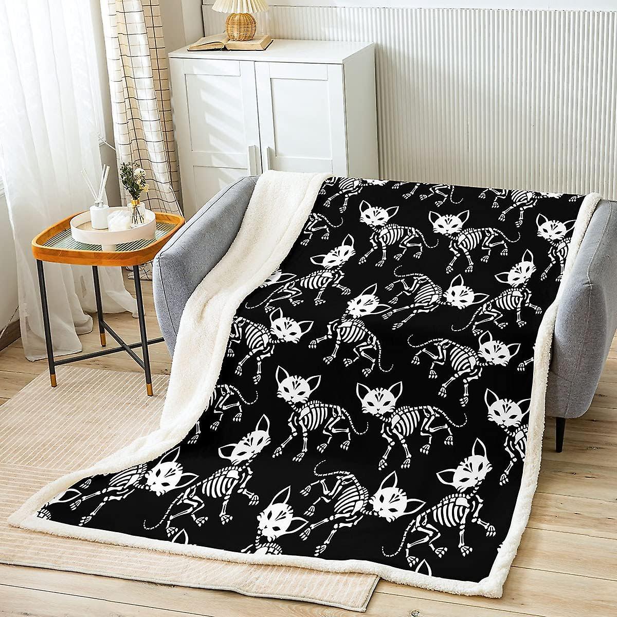 Kerota Skull Fleece Throw Blanket Boho Cat Skull Sherpa Blanket for Kids Boys Girls Women Eoxtic Skeleton Fuzzy Blanket for Sofa Bed Halloween,Doub...