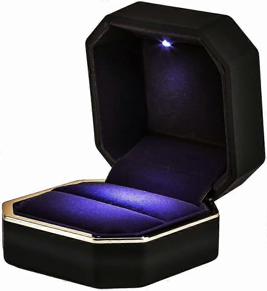 Tinor Luxury Ring Box, Square Velvet Wedding Ring Case Jewelry Gift Box with LED Light for Proposal Engagement Wedding, Black