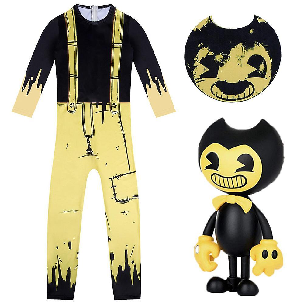 Shinestar Bendy And The Ink Machine Cosplay Outfit Kids Boys Halloween Carnival Party Jumpsuit Mask Set Fancy Dress Up Performance Costume Black Ye...