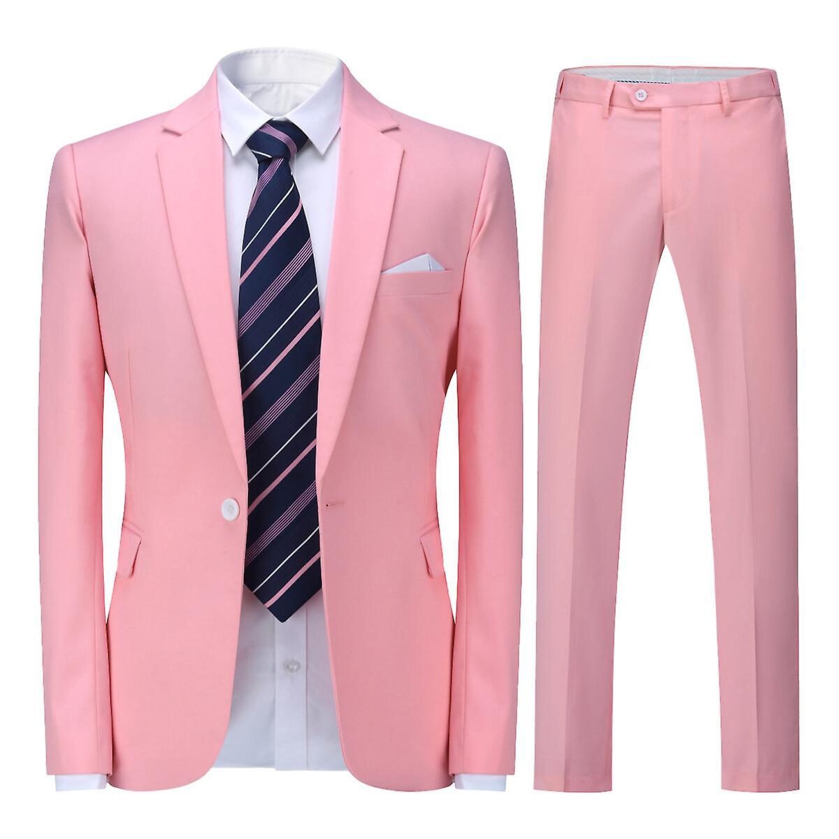 Allthemen Mens 2-Piece Solid Color Wedding Slim Fit Suit Jacket&Pants Pink S