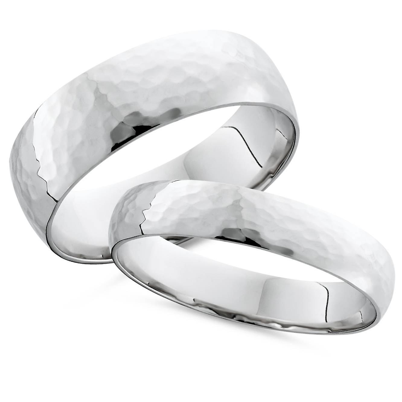 Pompeii3 Matching White Gold His Hers Hammered Wedding Band Set