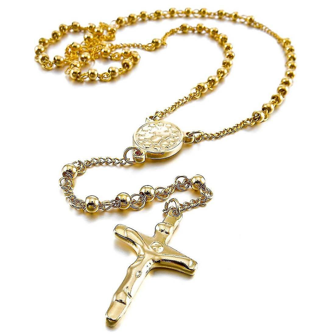 Yan Jun Stainless Steel Pendant Necklace Gold Crucifix Rosary Retro 23 Inch Chain Man Woman