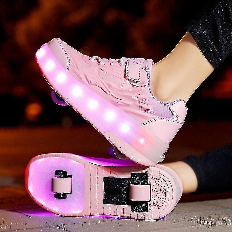 Xmaid Kid Wheels Shoes Roller Skate Shoes 2 Wheels Child Deform Sneakers Outdoor Sport Deformation Parkour Runaway Boy Girl Youth Gift Pink 34