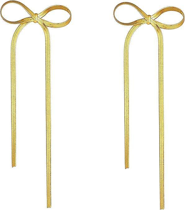 Frusde Bow Earrings For Women, Gold Silver Bow Dangle Drop Earrings Long Tassel Chain Bow Knot Earrings For Wedding Trendy Jewelry Gift 1Pair