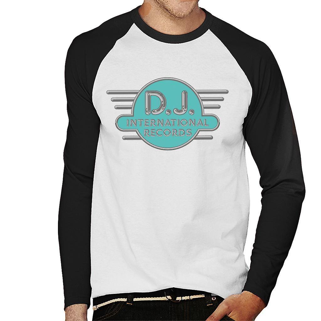 DJ International Records Cyan Logo Men's Baseball Long Sleeved T-Shirt White/Black Medium