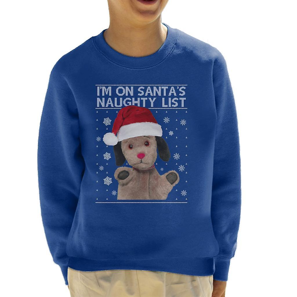 Sooty Christmas Sweep Im On Santas Naughty List Kid's Sweatshirt Royal Blue X-Large (12-13 yrs)