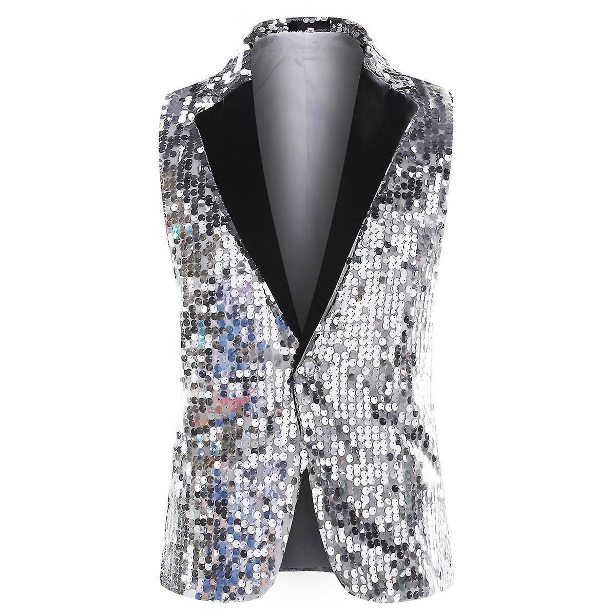 Sliktaa Mens Party Sequin Glitter Vest Silver L