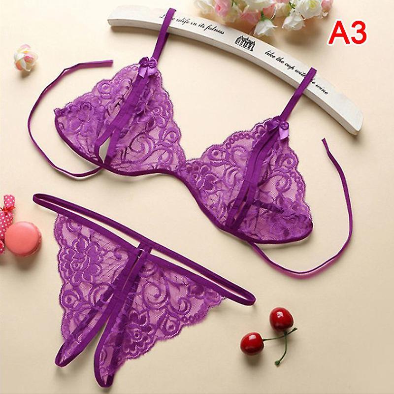 unbrand Women Sexy Lingerie Lace Bra Set Ruffle Transparent Underwear Hot Purple