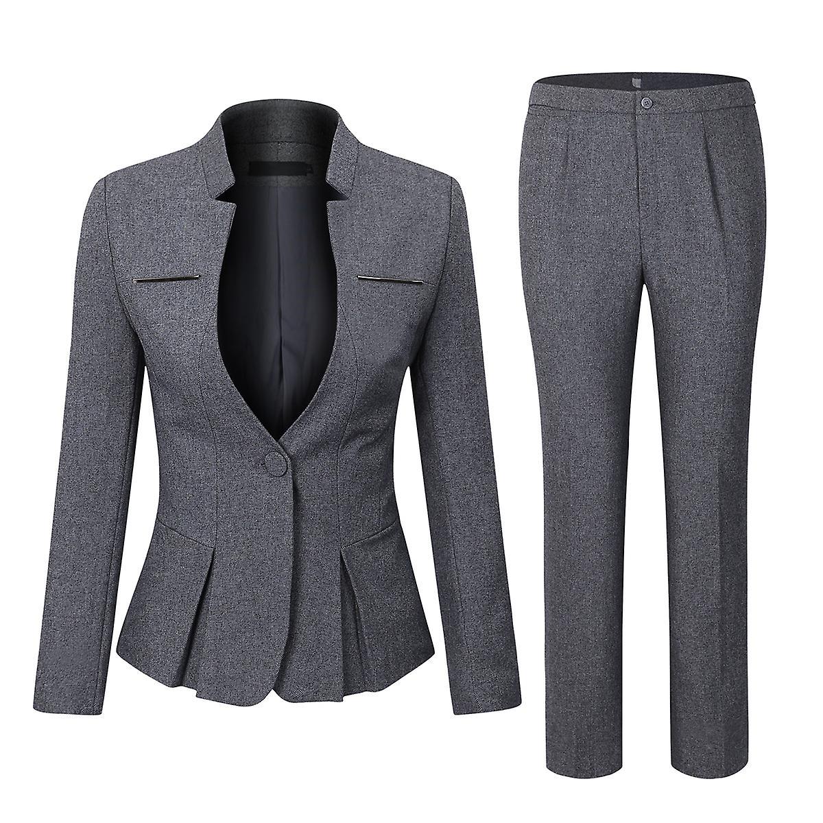 Yunclos Women's Elegant Business 2 Piece Office Blazer And Pants Gray M