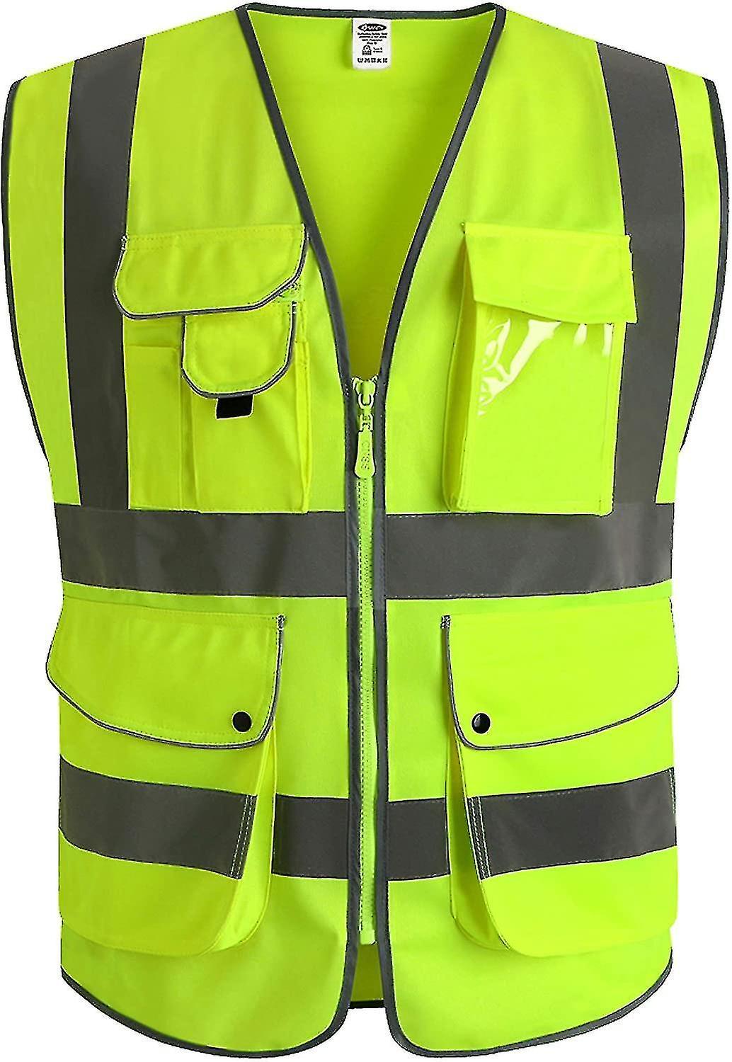 Ceisv 9 Pockets Class 2 High Visibility Zipper Front Safety Vest With Reflective Strips, Yellow Meets Ansi/isea Standards L