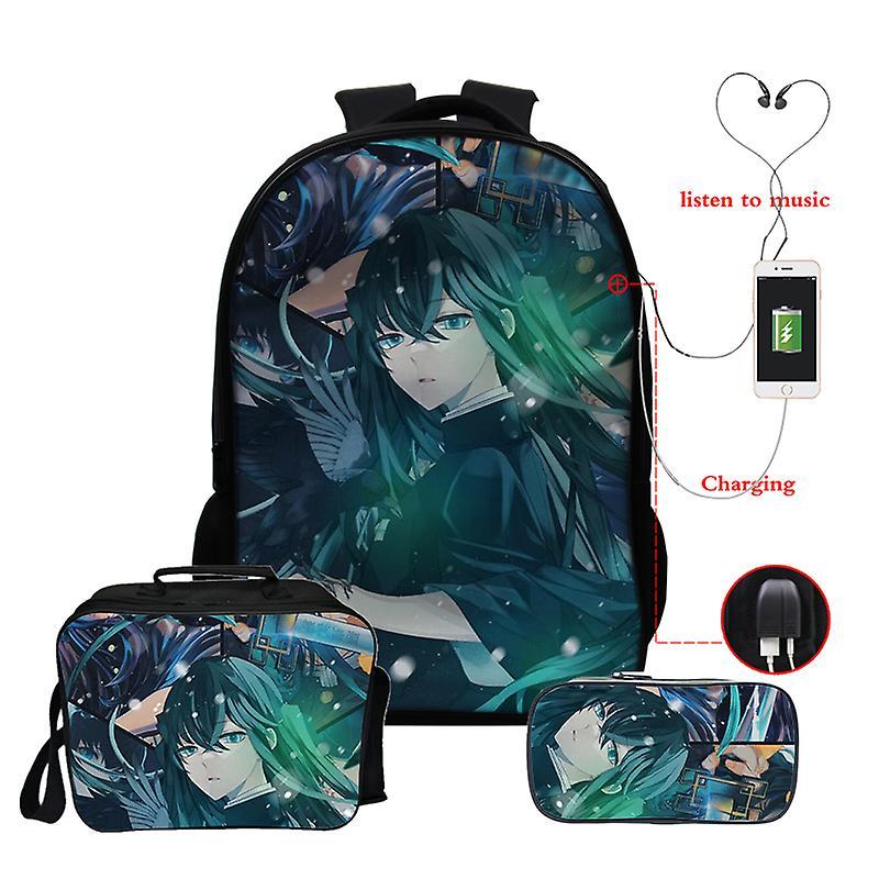 Aionyaaa Anime Demon Slayer Muichiro Tokito Bagpack Teenager Boys Girls School Bags Manga Backpack Usb 3pcs/sets16 Inch Laptop Backpacks 0muichiro177