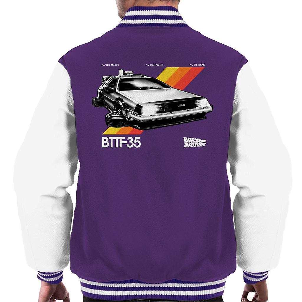 Back to the Future 35th Anniversary Delorean Men's Varsity Jacket Purple/White Large