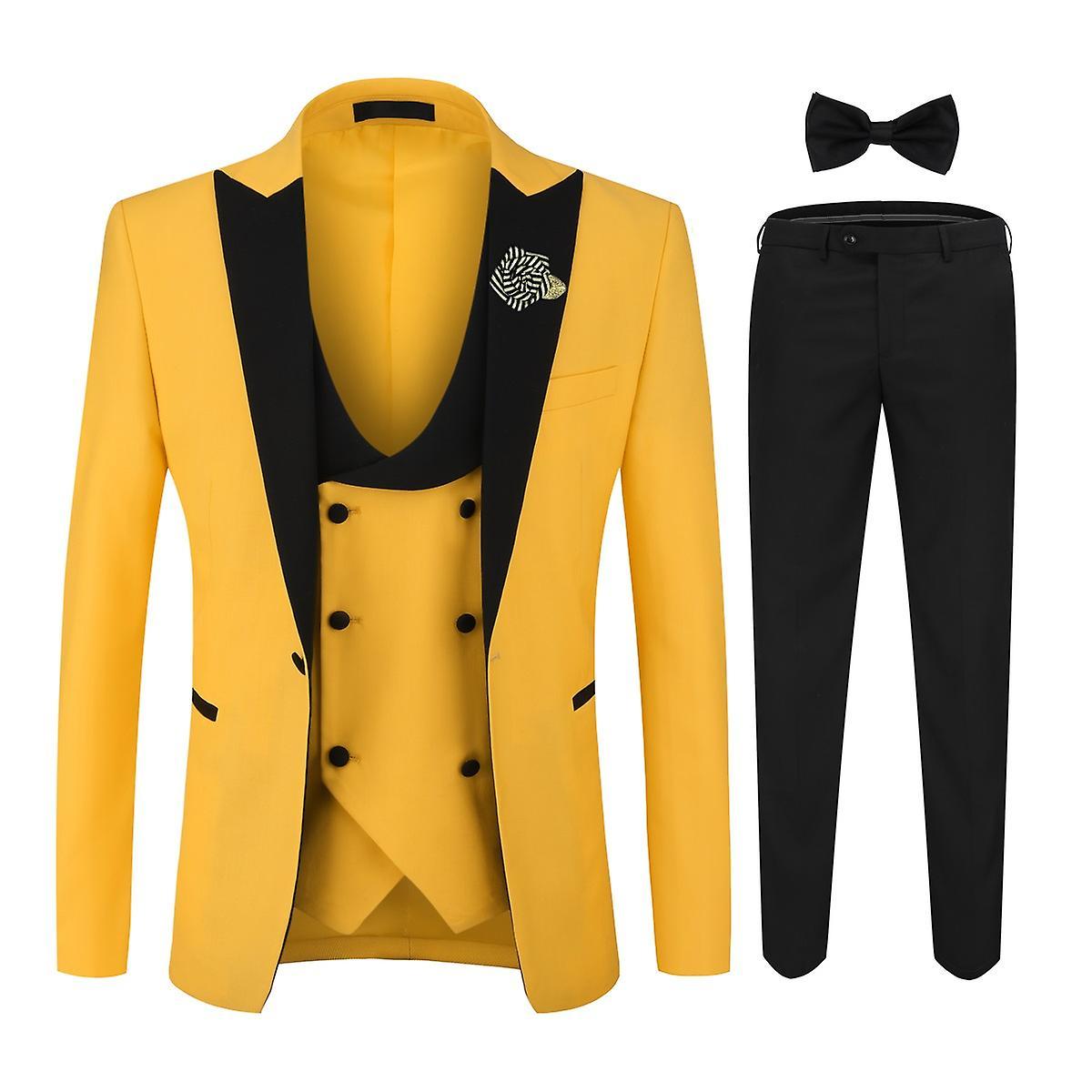 Allthemen Men's 3-Piece Suit Slim Fit Peaked Lapel Wedding Prom Blazer Vest Pants Yellow M