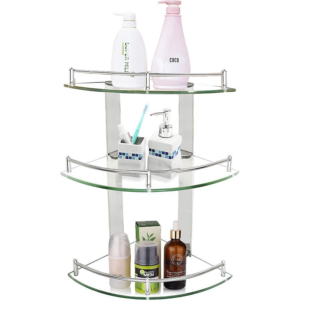 Living And Home 3 Tiers Bathroom Tempered Glass Corner Shelf with Steel Rail Wall Mounted