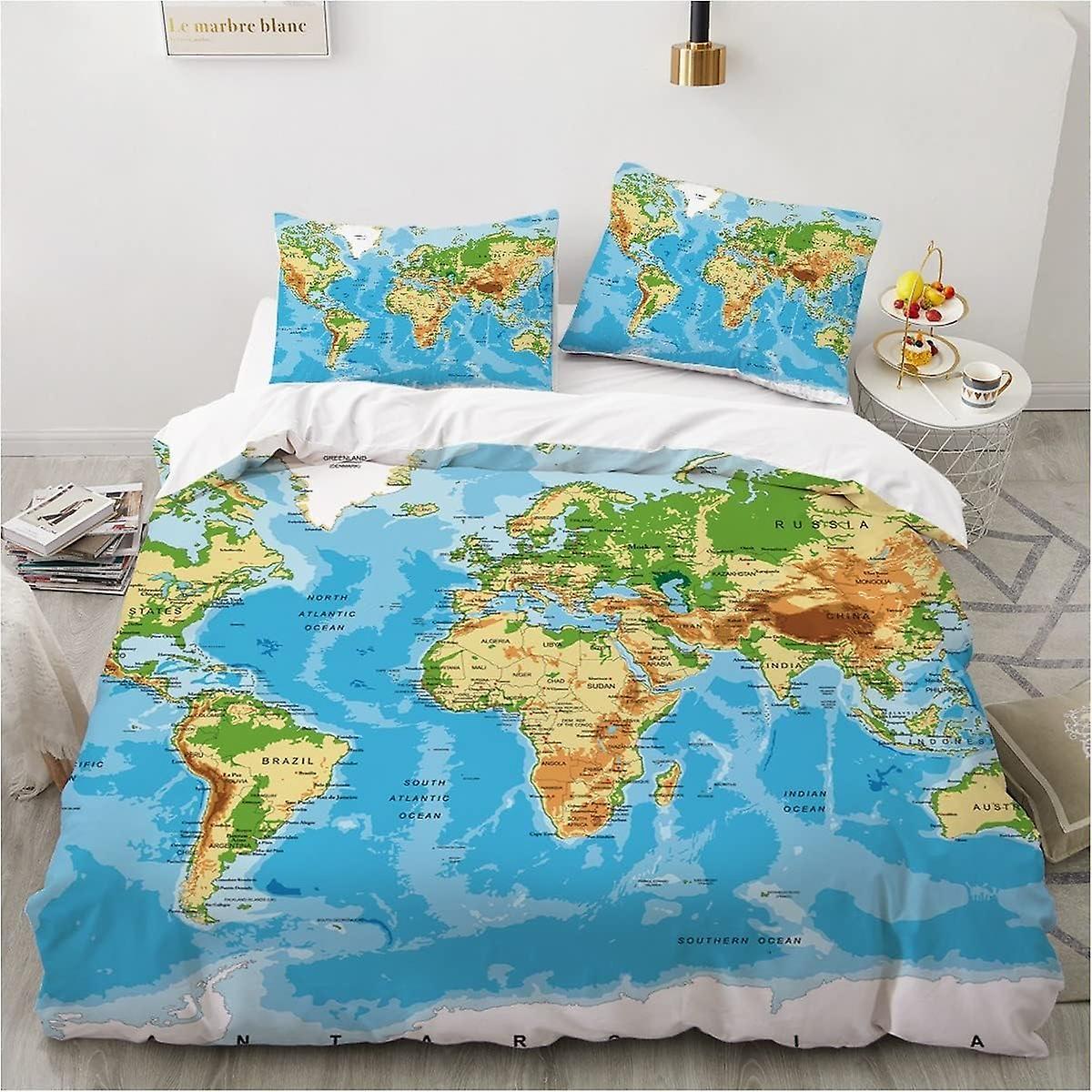 Kerota Duvet Cover, World Map Bedding Set, 3D Printed Duvet Cover, 100% Microfiber, Soft and Comfortable, with 1 Pillowcase Double200x200cm