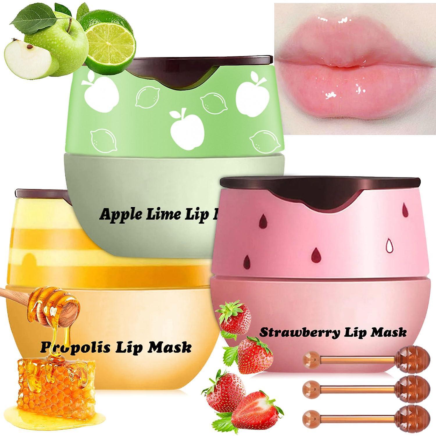 Frusde 3pcs Bee Balm Lip Balm Honey Pot, Honey Strawberry Apple Lip Mask Overnight, Moisturizing Lip Sleeping Mask, Hydrate Repair Prevent Dry Crac...