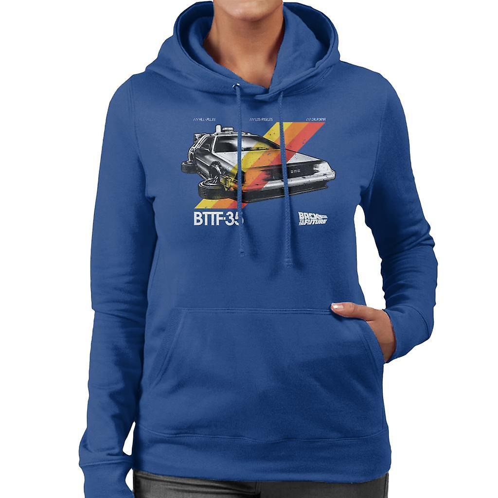 Back to the Future 35th Anniversary Delorean Stripes Women's Hooded Sweatshirt Royal Blue X-Large