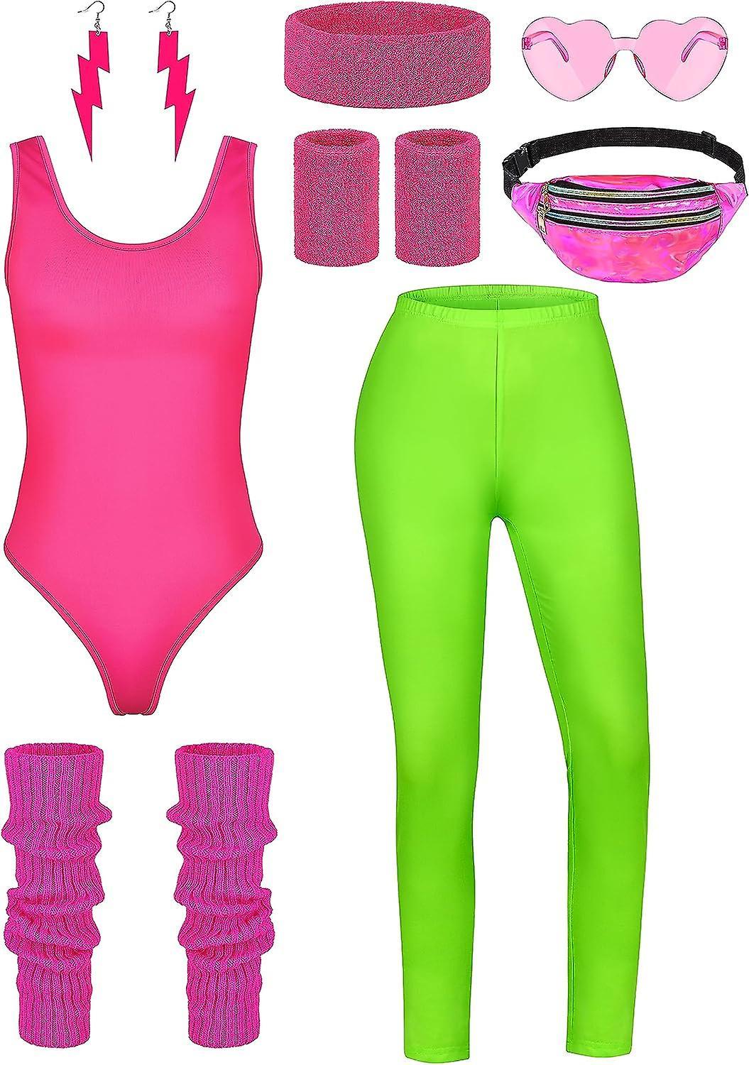 Maromalife 8 Pieces Women 80s Workout Costume Halloween 90s Outfit Accessories Set Leotard Bum Bag Glasses Headband Leg Warmers Fluorescent Green L...