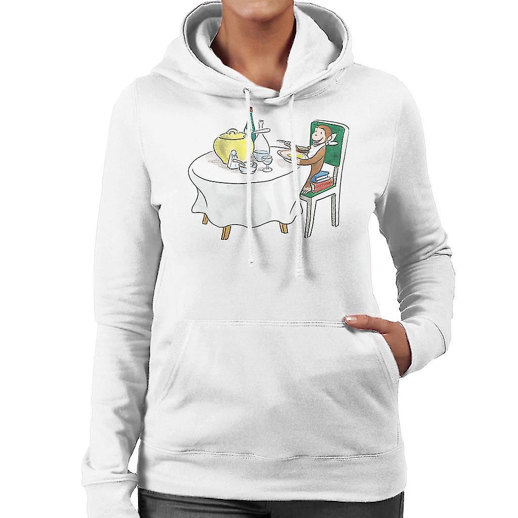 Curious George Eating A Fancy Meal Women's Hooded Sweatshirt White Large