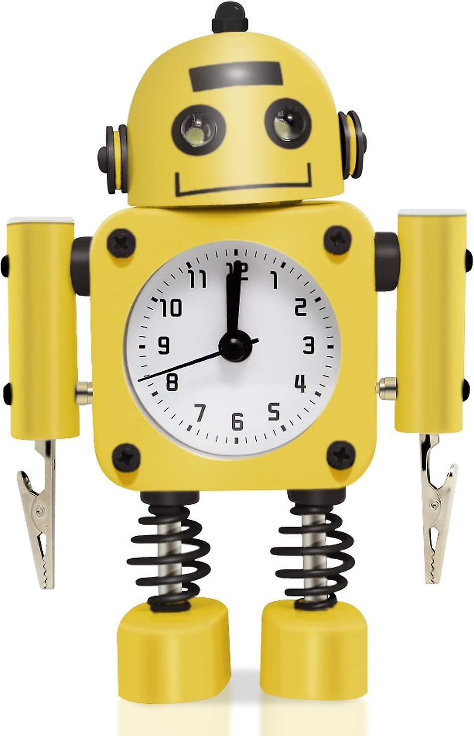 Heytea Non-Ticking Robot Alarm Clock Stainless Metal - Wake-up Clock with Flashing Eye Lights and Hand Clip (Yellow) 4.5 x 2 x 6.5 inches