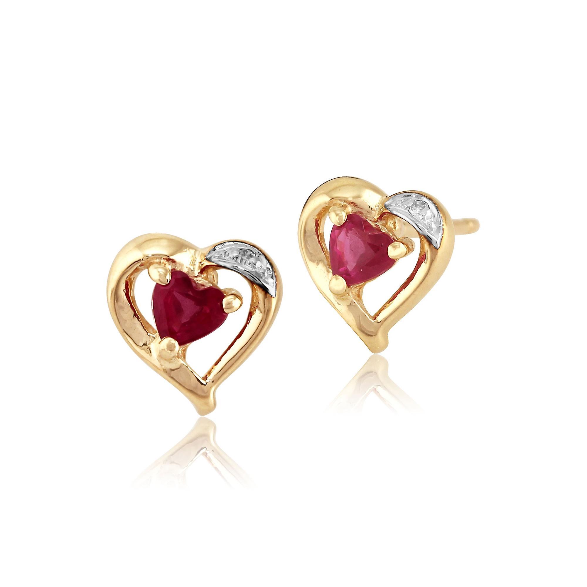 Gemondo Classic Heart Ruby & Diamond Stud Earrings in 9ct Yellow Gold 10295 Red One Size