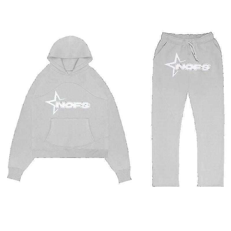 Sszfv Tracksuit Mens Y2k Loose Casual Jogging Suit Nofs Printed Streetwear Hoodie Sweatpants Set grey S