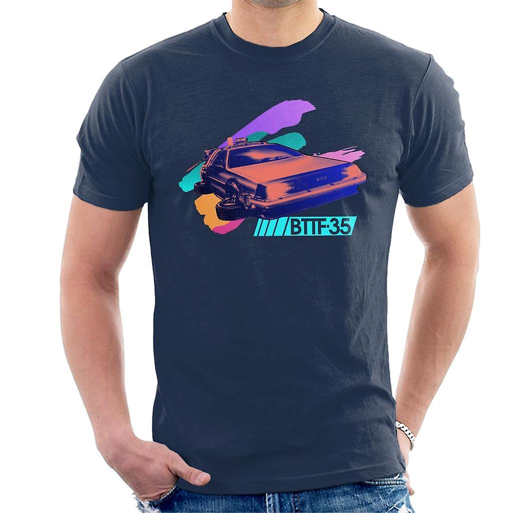 Back to the Future 35th Anniversary Delorean Flying Men's T-Shirt Navy Blue X-Large