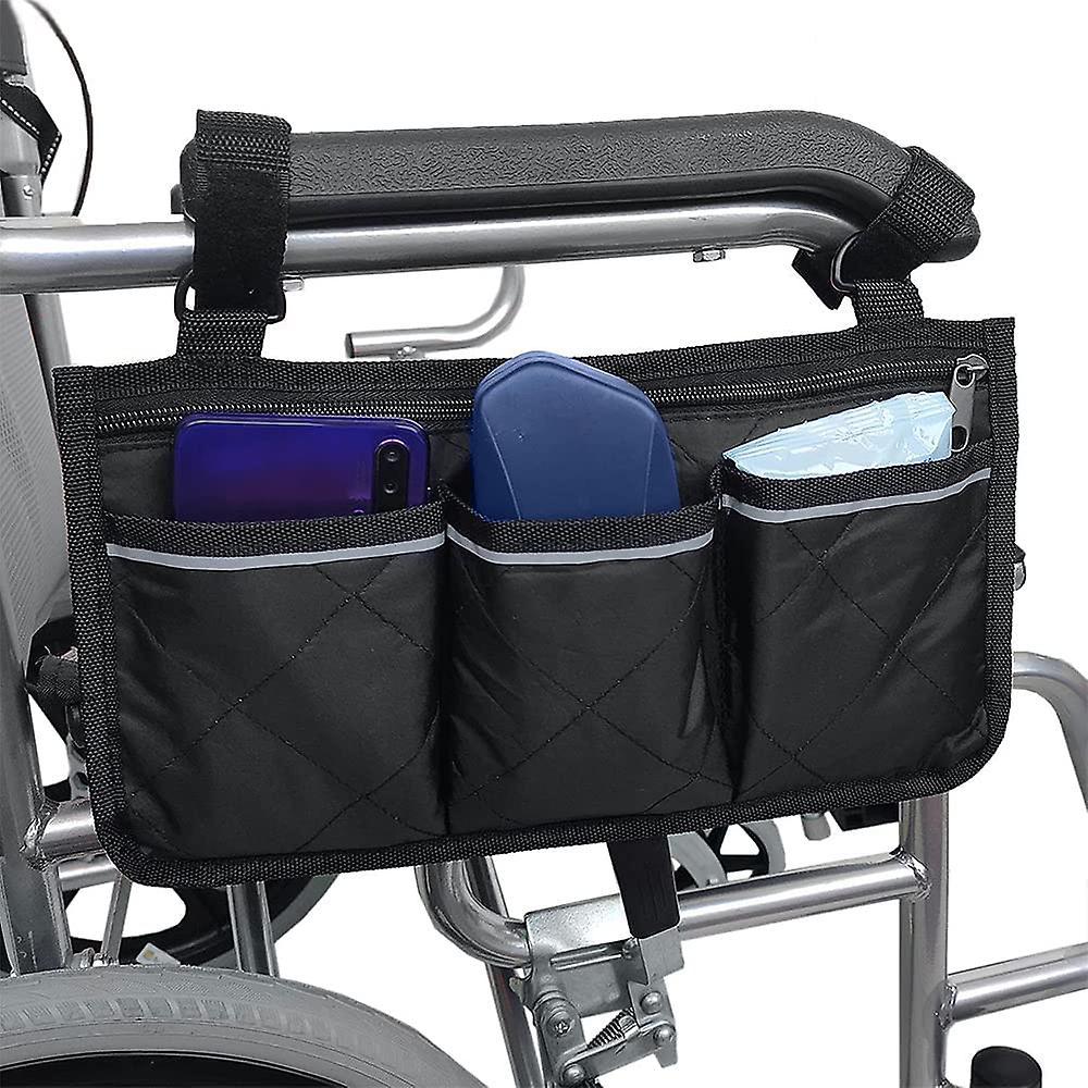 Phwj Wheelchair Armrest Bag - Bag Waterproof Portable Scooter Bag With 4 Reflective Compartments For Wheelchair Handles, Black