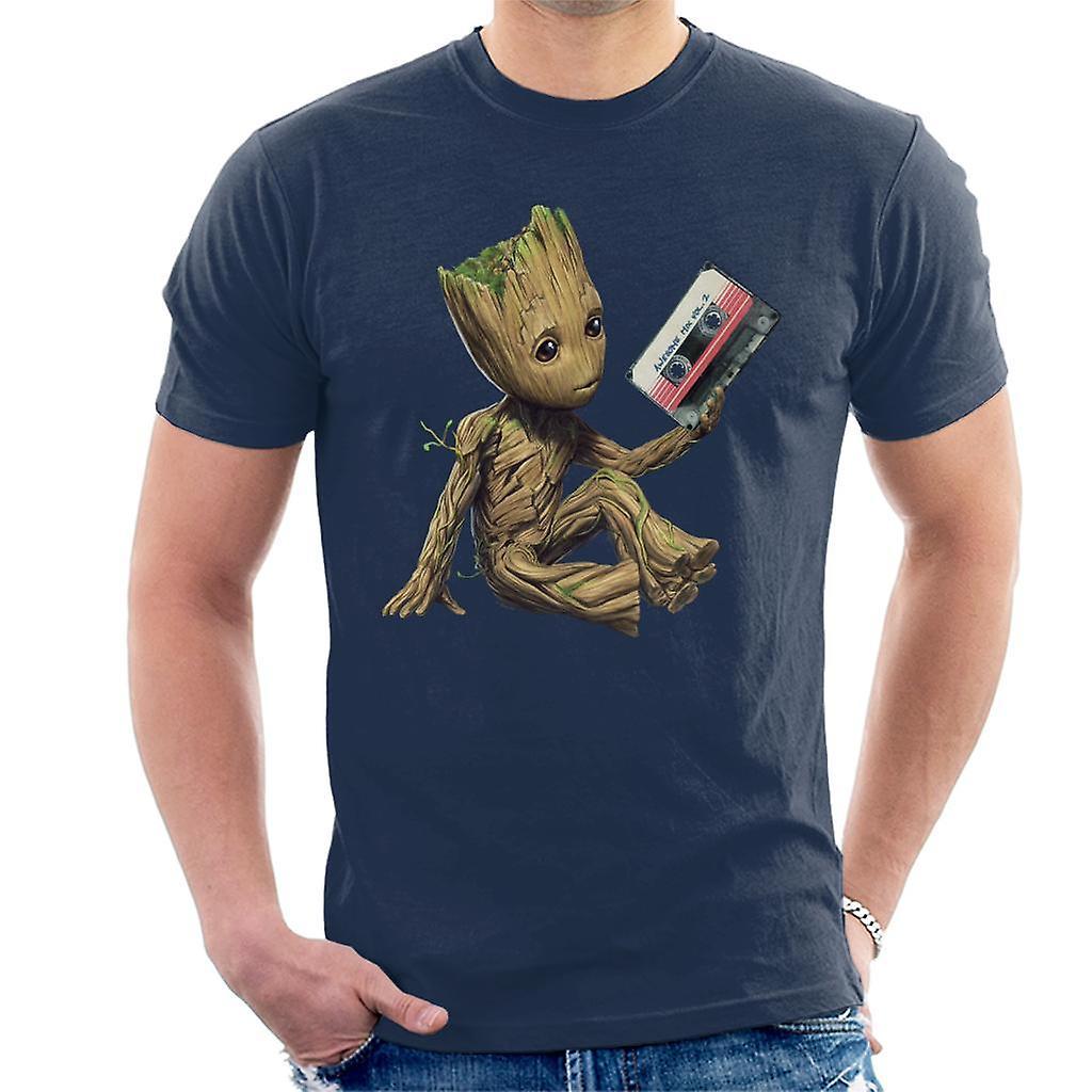 Marvel Guardians Of The Galaxy Vol 2 Groot Holding Awesome Mix Men's T-Shirt Navy Blue Large