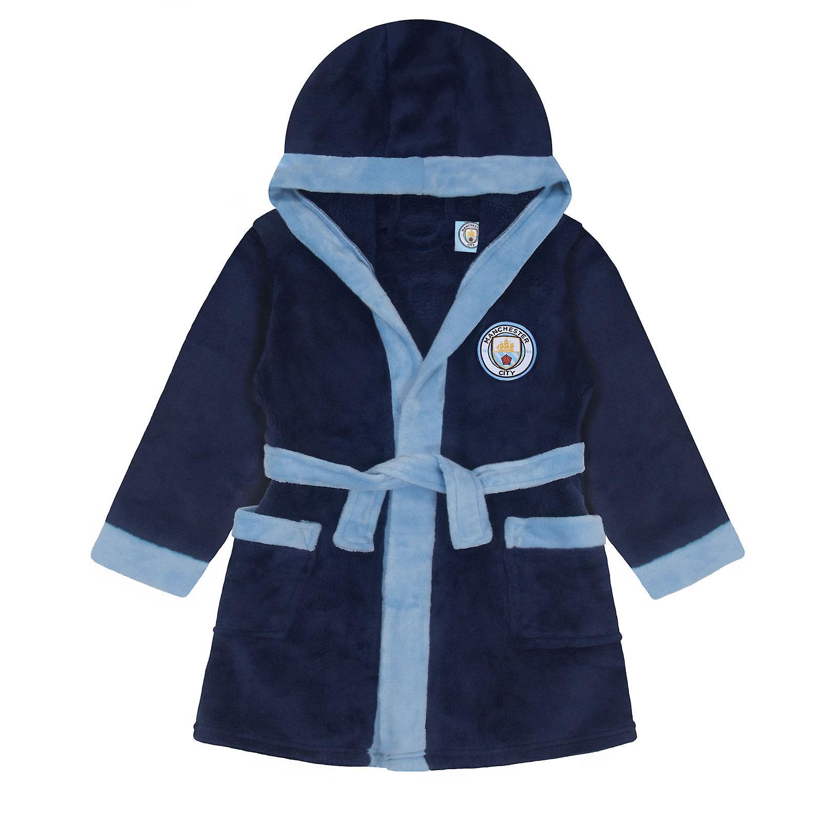 Manchester City FC Manchester City Baby Dressing Gown Toddler Robe Hooded Fleece OFFICIAL Gift Navy Blue 2-3 Years