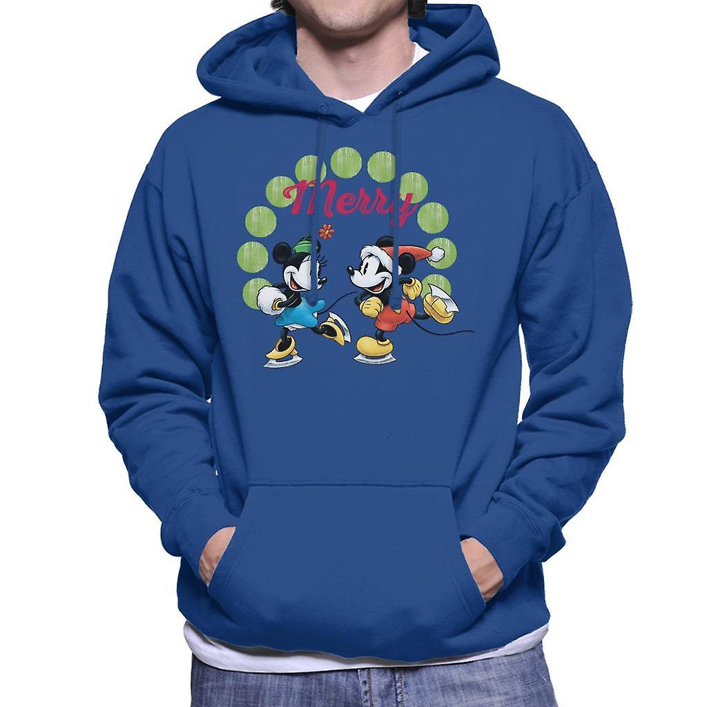 Disney Christmas Mickey And Minnie Mouse Ice Skating Men's Hooded Sweatshirt Royal Blue Small