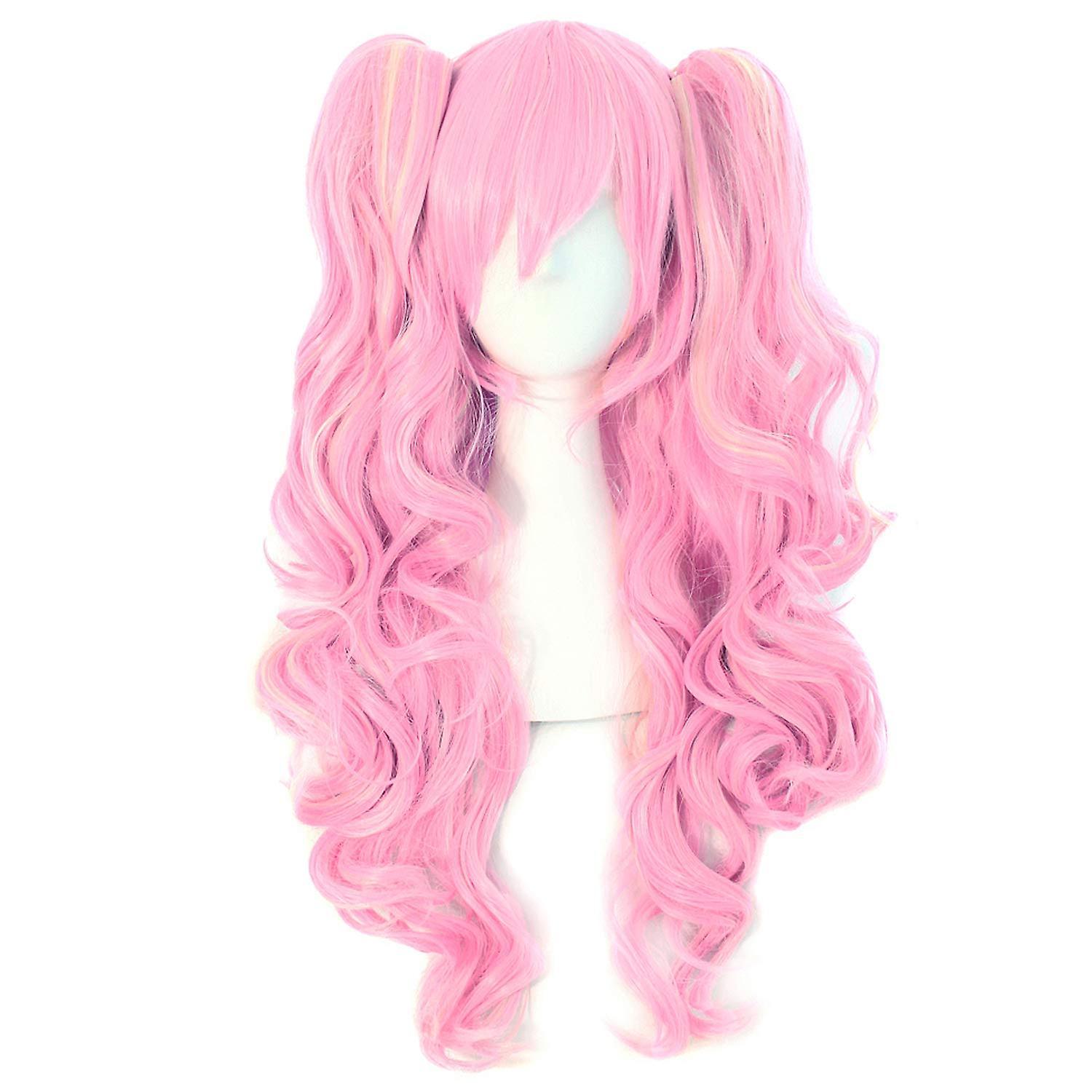 JUSCH Multi-color Lolita Long Curly Clip on Ponytails Cosplay Wig (Pink/Blonde) Anime cosplay wig loli wig head hair,WZ-2063