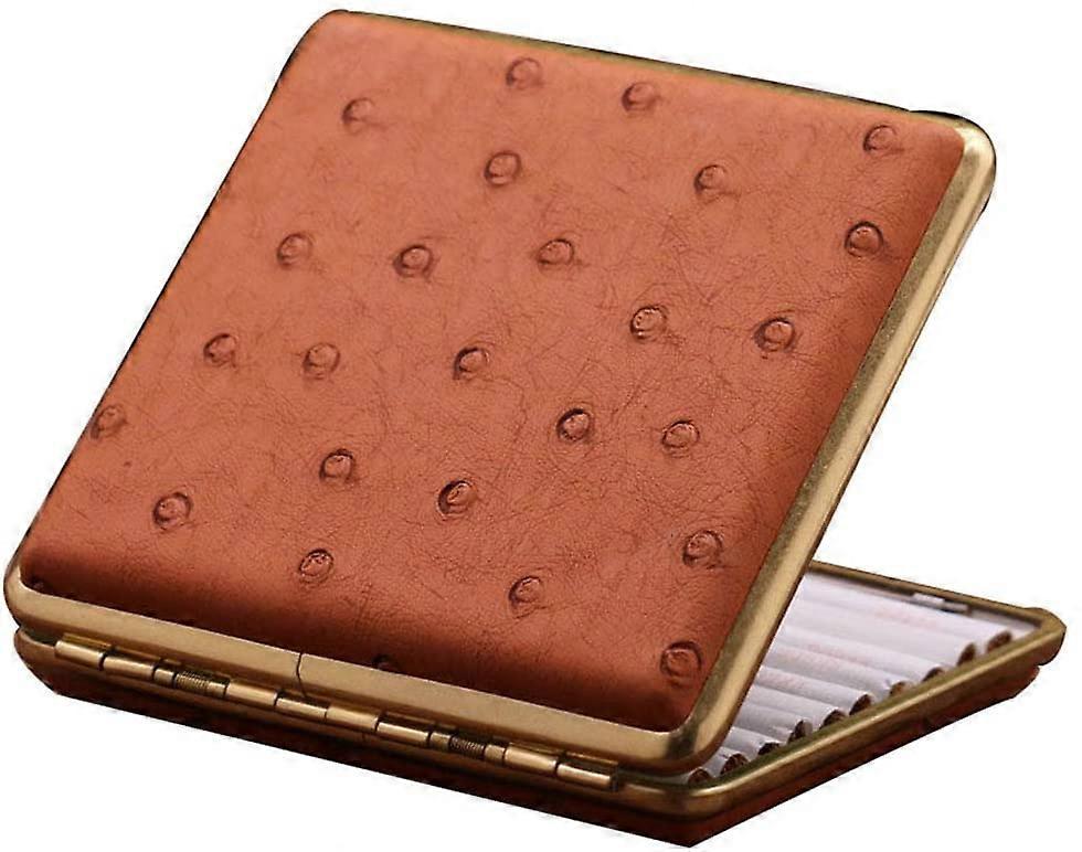 Yuzee Leather Cigarette Case Ultra Thin Portable Men's Advanced Anti Pressure Cigarettes Box Can Hold 20 Brown ostrich pattern