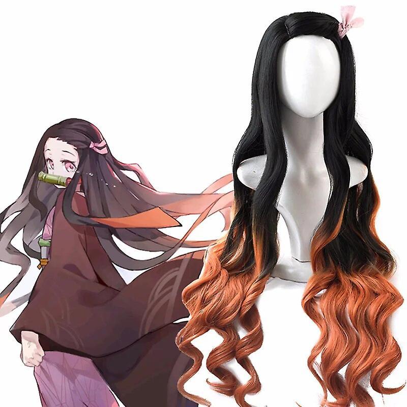 Scitoo Anime Demon Slayer Kimetsu No Yaiba Nezuko Kamado Nezuko Cosplay Wig Gradient Long Heat Resistant Synthetic Hair Wigs + Wig Cap One Size