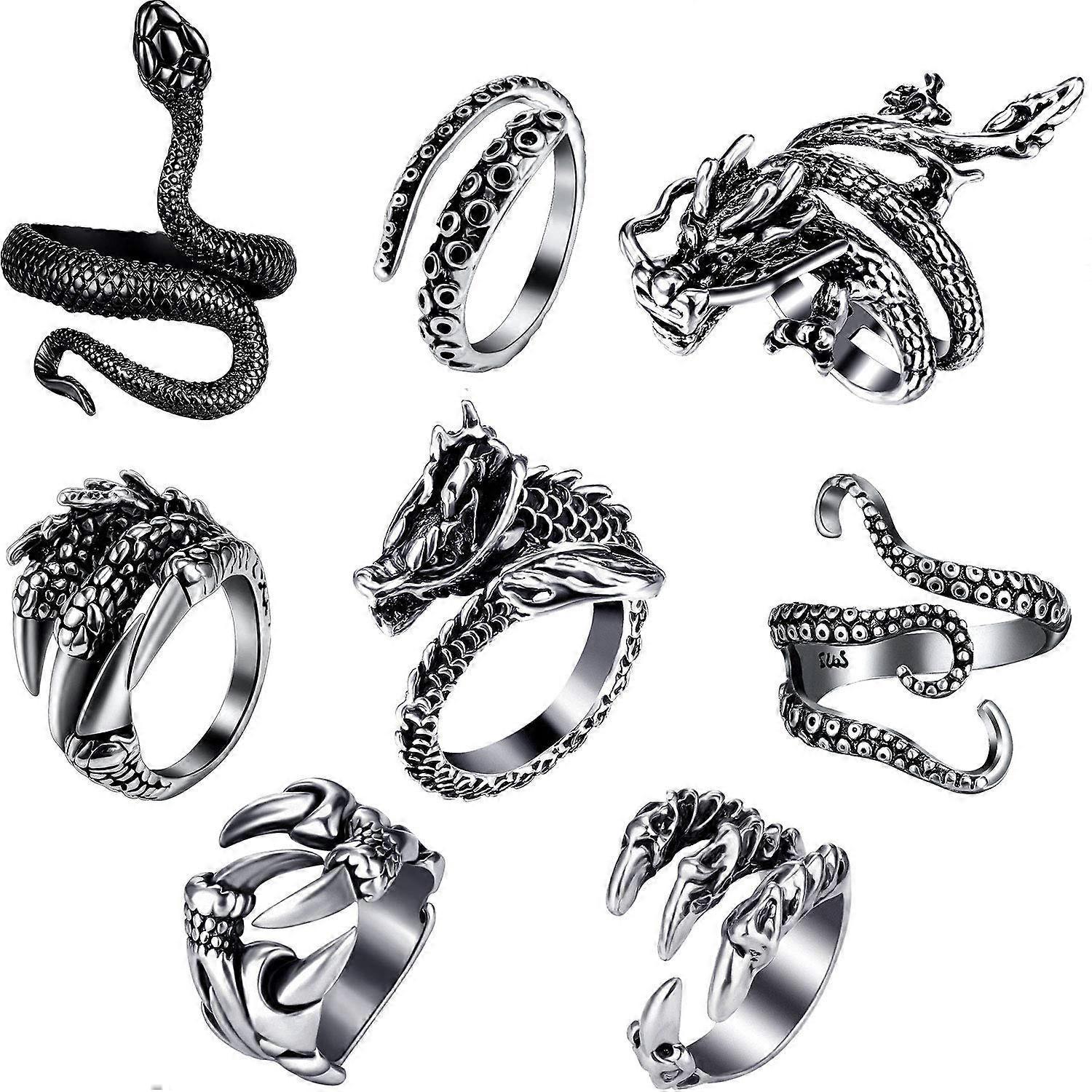 Langray 8 Pieces Vintage Punk Rings Octopus Dragon Snake Adjustable Ring