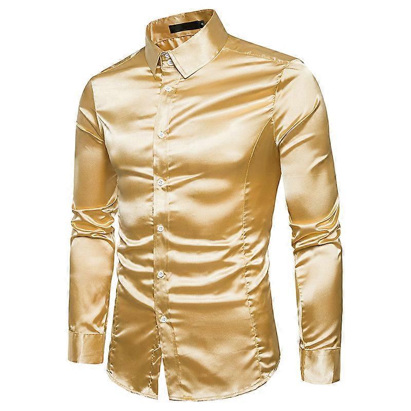 Boeyaa Men's Satin Luxury Dress Shirt, Slim Fit Tuxedo Shirts Gold M