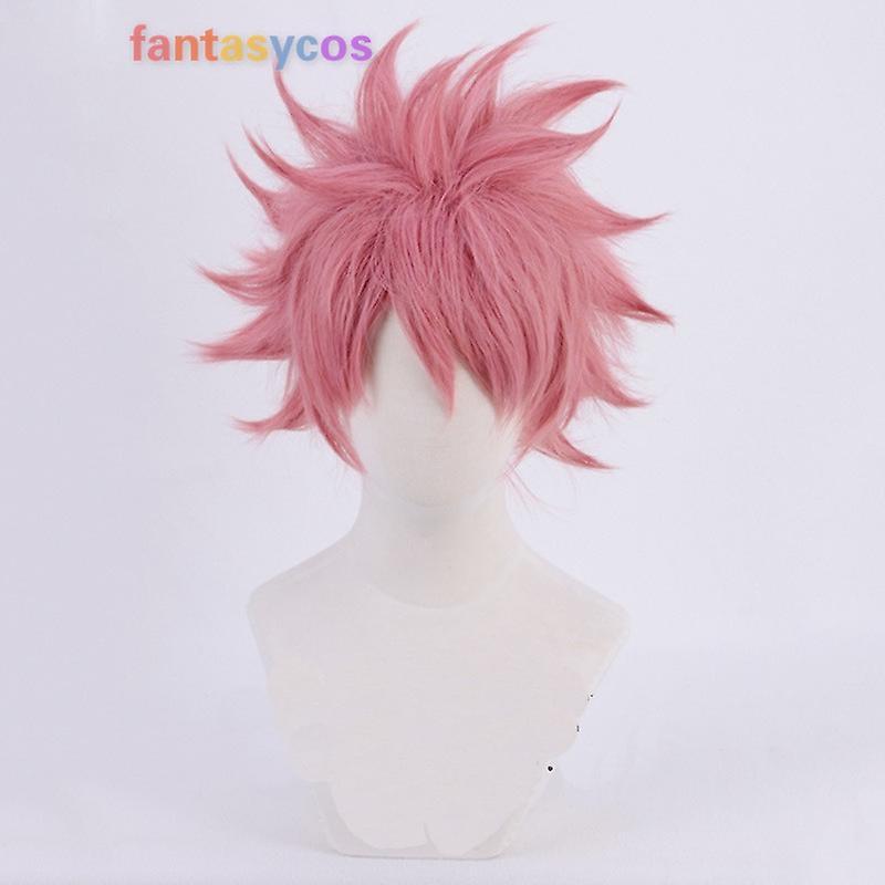 Bolongking Etherious Natsu Dragneel Anime Fairy Tail Pink Short Cosplay Wig Heat Resistant Synthetic Hair Halloween Party Carnival +Wig Cap