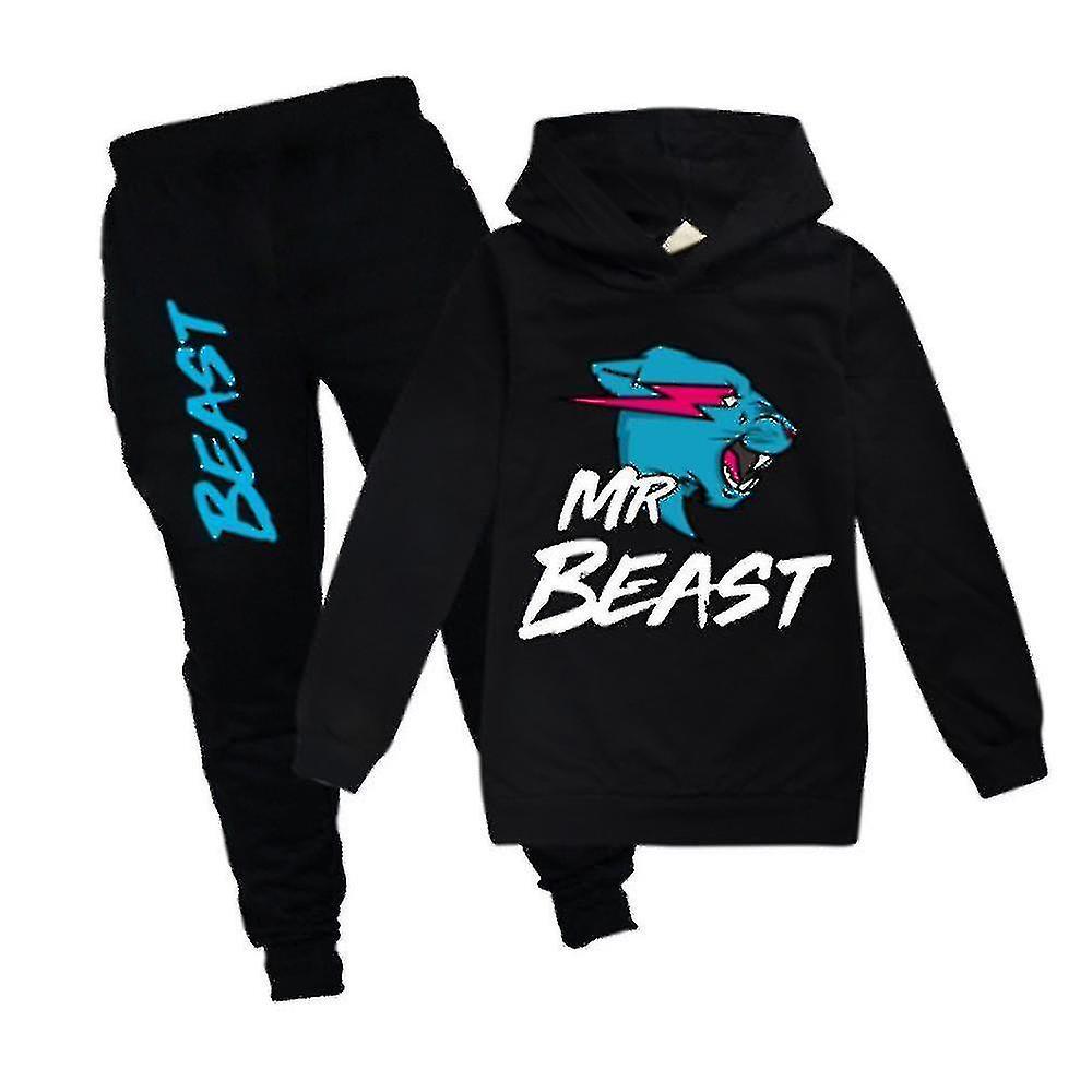 Mike 7-14 Years Kids Boys Girls Mr Beast Lightning Cat Casual Hoodies+pants Suit Tracksuit Outfits Sets Gifts Black 9-10 Years