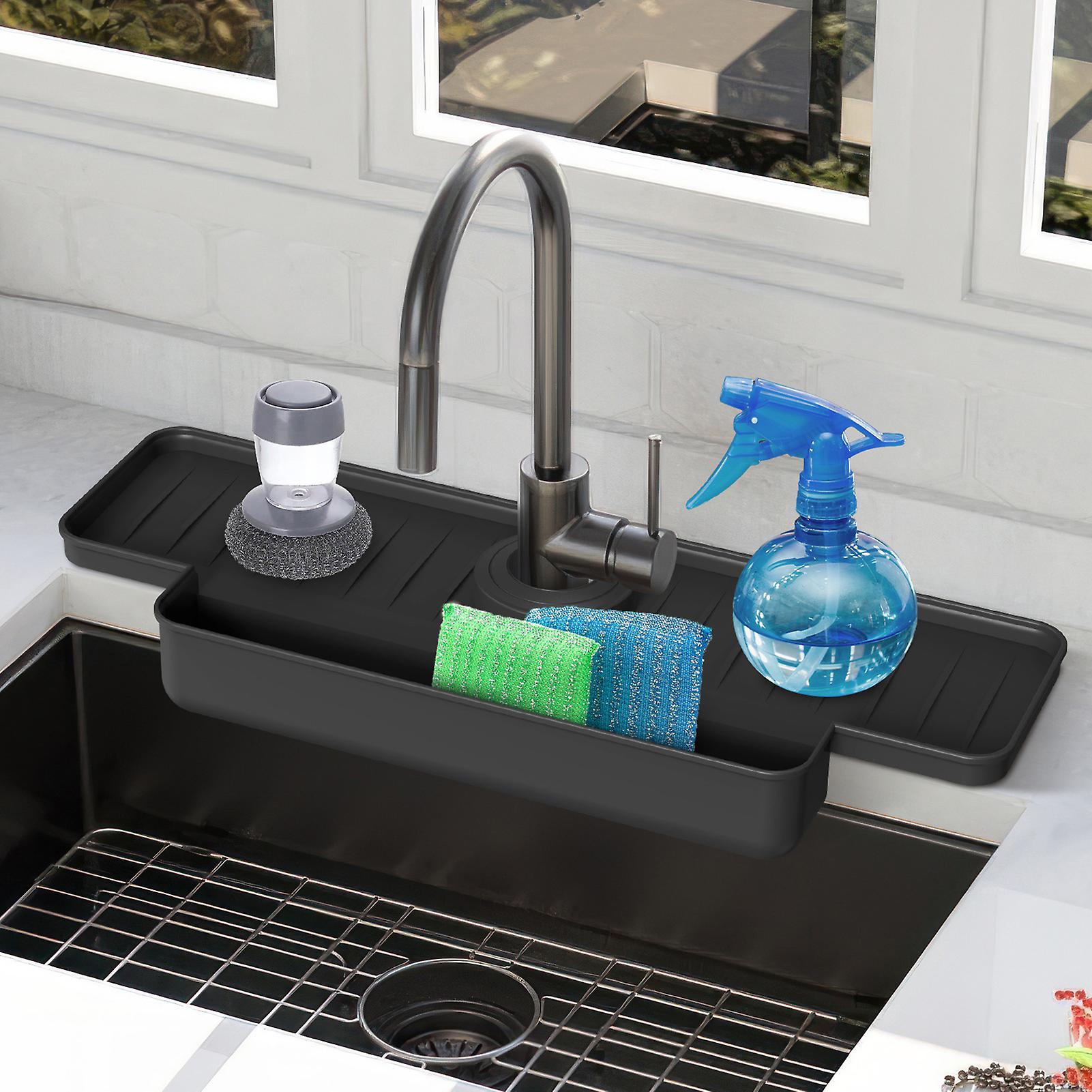 Reheyre Faucet Splash Guard Foldable Stain Resistant Kitchen Sink Splash Guard Water Catcher Tray Sink Sponge Brush Holder Grey