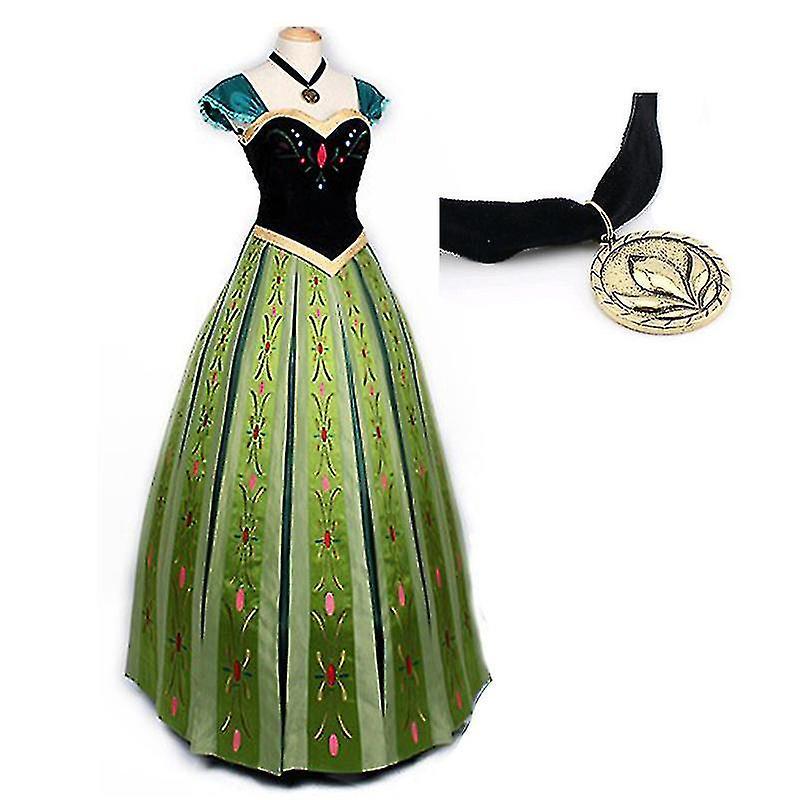 Zhenv Frozen Anna Cosplay Costume Dress Princess Anna Costume Dress Green Outfit Clothing For Adult Women Party Clothes M Dress  and necklace