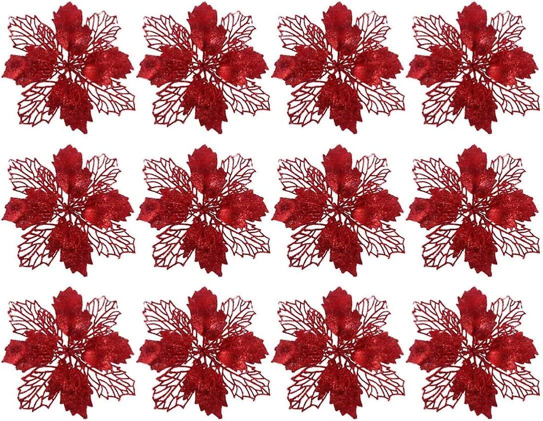 unbrand Rot 12 Pieces Christmas Tree Decorations Glitter Poinsettia Christmas Decorations Tree Ornaments Art